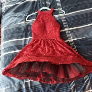 Red lace sequin halter fit and flare dress